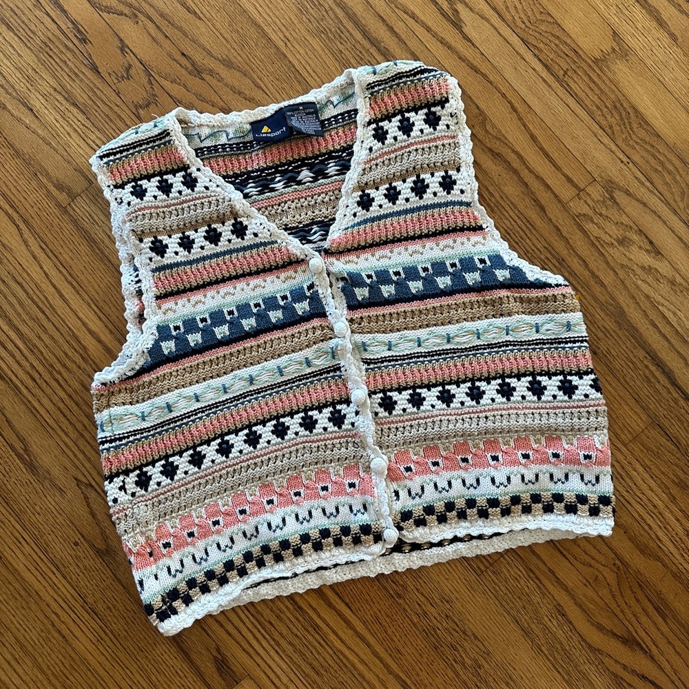 Vintage Lizsport 100% Cotton Multicolor Knit Sweater Vest